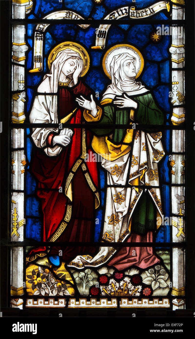Mary and Elizabeth stained glass, St. Mary`s Church, Hardwick, Buckinghamshire, England, UK Stock Photo